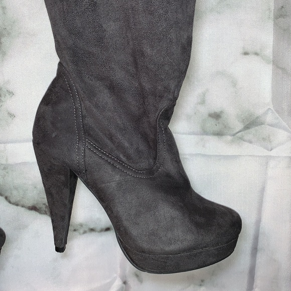 Size 8 Dark Grey Faux Suede Over The Knee Thigh High Boots Heels - Picture 2 of 12
